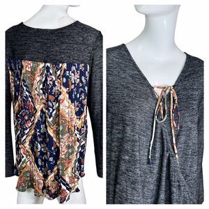 Mystree Sz Medium (M) BOHO High-Lo Tie Neck Printed Rayon Blend Blouse Women's